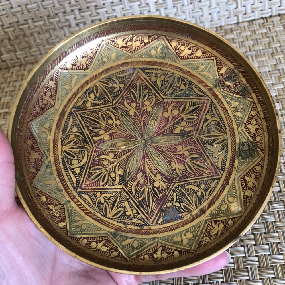 Vintage Made In India Brass Etched Floral Round Trinket Dish